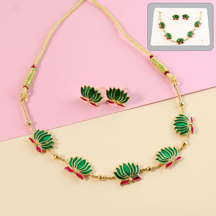Traditional Green & Lotus Motif Jewellery Set by Your Brand