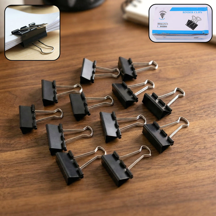 Medium Size Heavy-Duty Black Binder Clips Set (32 mm, 12 Pc) by Your Brand