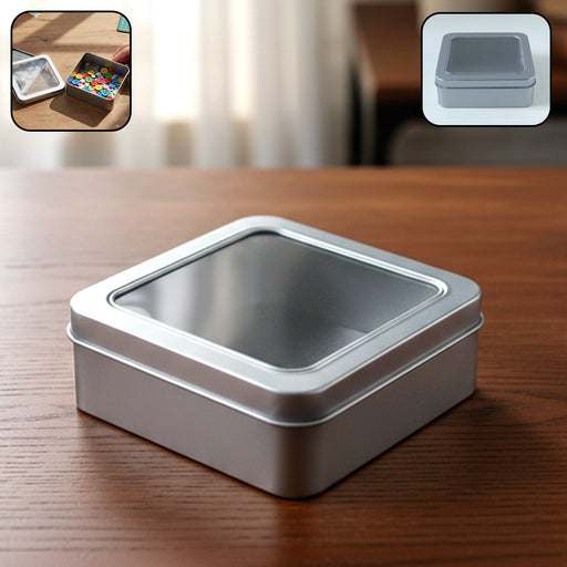 Square Metal Storage Tin Box with Transparent Window Lid (1 Pc, 9.5 x 9.5 Cm) by Your Brand