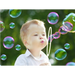 Bubble gun liquid refill bottle with a clear label showing liquid inside
