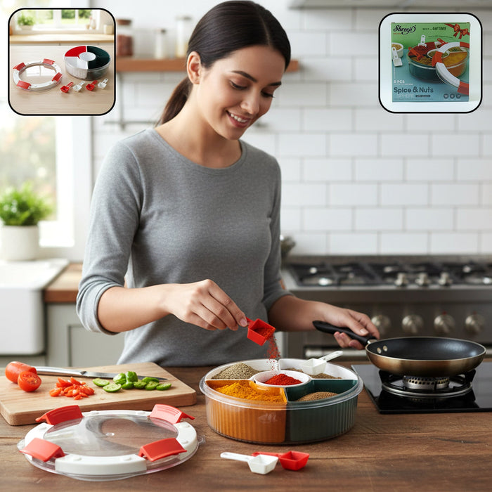 plastic 5 compartment spice storage box with spoons