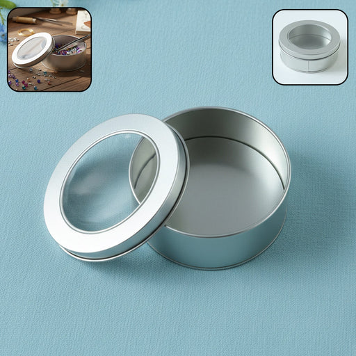 Round Metal Storage Tin Box with Transparent Window Lid (1 Pc, 9.5 x 9.5 Cm) by Your Brand