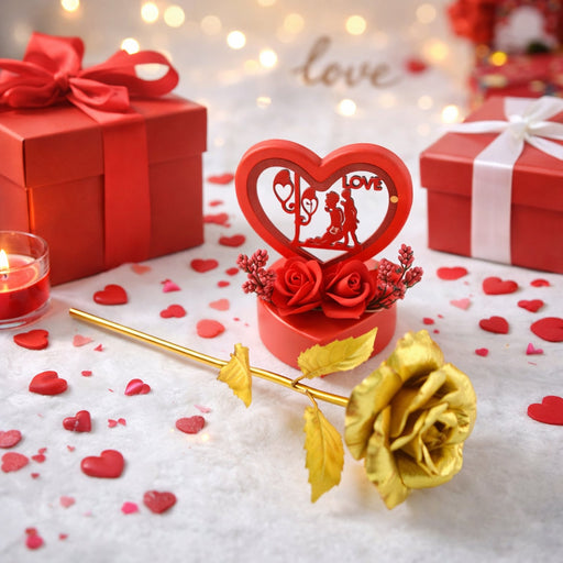 Heart Love Decorative Showpiece with Golden Rose Flower Gift Set (2 Pc) by Your Brand