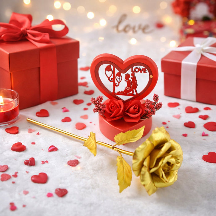 Heart Love Decorative Showpiece with Golden Rose Flower Gift Set (2 Pc) by Your Brand