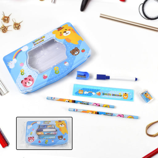 Cartoon Metal Compass Box for Kids with Stationery (6 Pc Set) by Your Brand