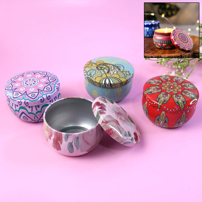Premium Decorative Mandala Printed Metal Candle Container (4 Pc)