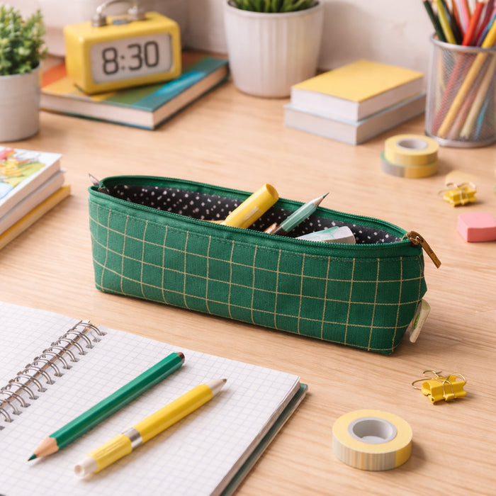Premium Green Grid Printed Zipper Pencil Pouch Organizer (1 Pc) by Your Brand