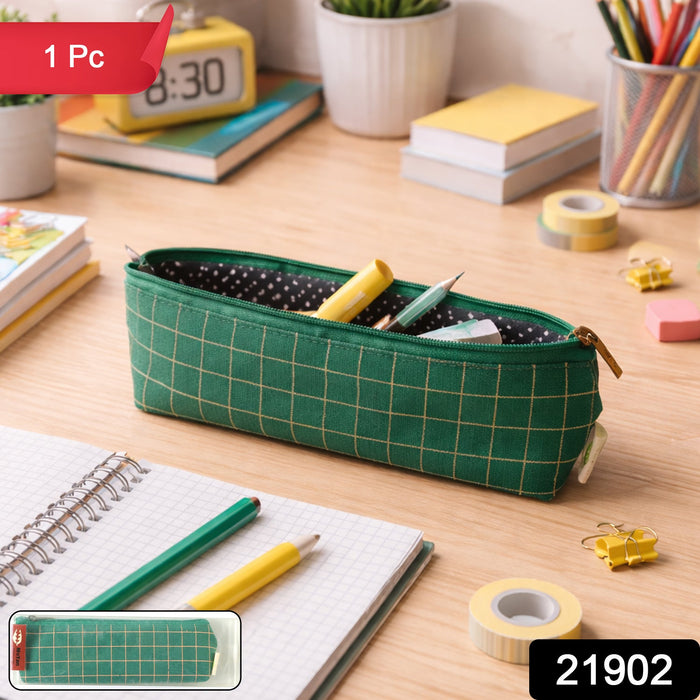Premium Green Grid Printed Zipper Pencil Pouch Organizer (1 Pc) by Your Brand