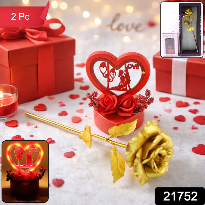 Heart Love Decorative Showpiece with Golden Rose Flower Gift Set (2 Pc) by Your Brand