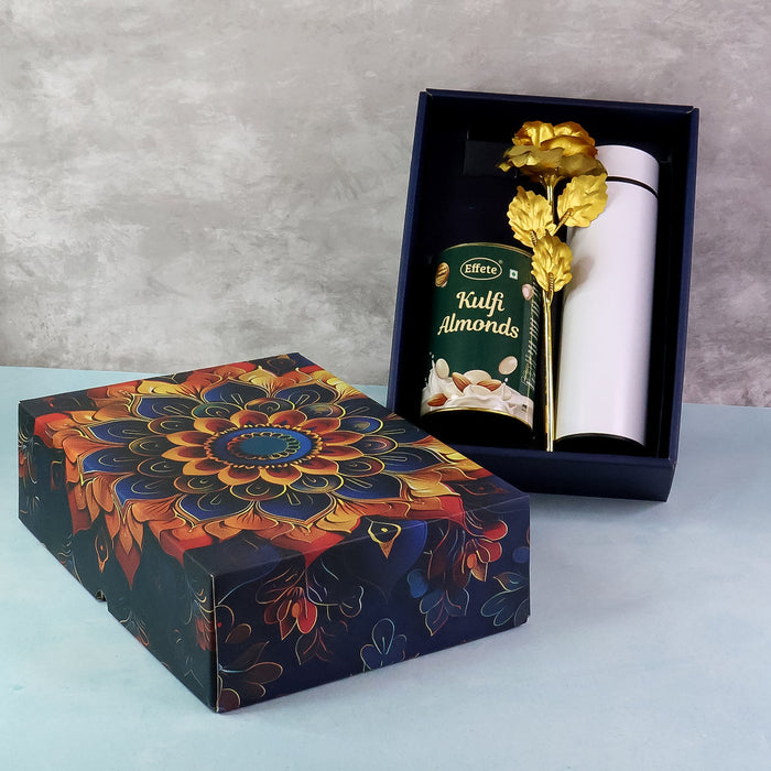 Effete Kulfi Almonds Gift Hamper, Golden Rose With Bottle (3 Pc Set), Mix Color by Your Brand