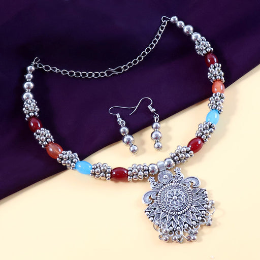 Oxidised Silver Traditional Beaded Necklace Set by Your Brand