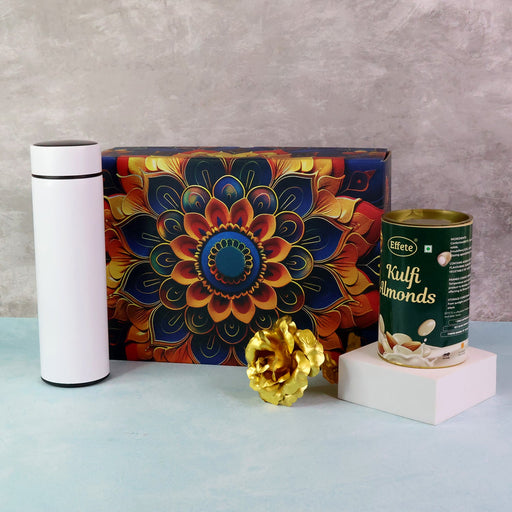 Effete Kulfi Almonds Gift Hamper, Golden Rose With Bottle (3 Pc Set), Mix Color by Your Brand