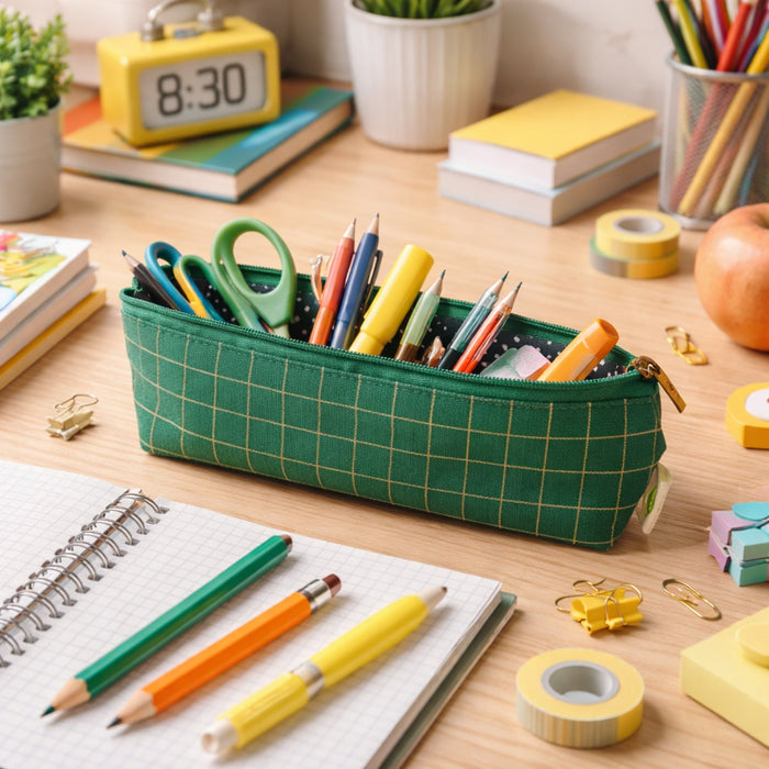 Premium Green Grid Printed Zipper Pencil Pouch Organizer (1 Pc) by Your Brand