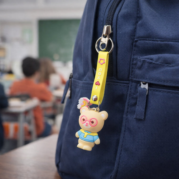 Cute Cartoon Teddy Bear Keychain with Yellow I Love You Strap (1 Pc) by Your Brand