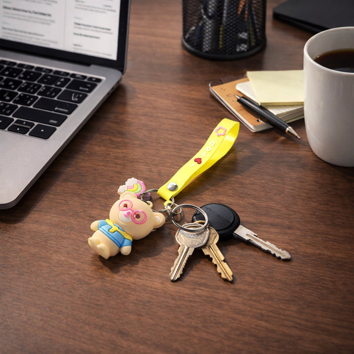 Cute Cartoon Teddy Bear Keychain with Yellow I Love You Strap (1 Pc) by Your Brand
