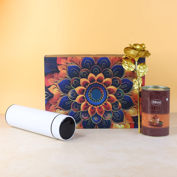Effete Coffee Almonds Gift Hamper, Golden Rose With Bottle (3 Pc Set), Mix Color by Your Brand
