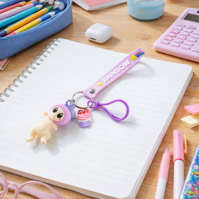 Cute Doll & Cupcake Keychain with Rainbow Strap (1 Pc) by Your Brand