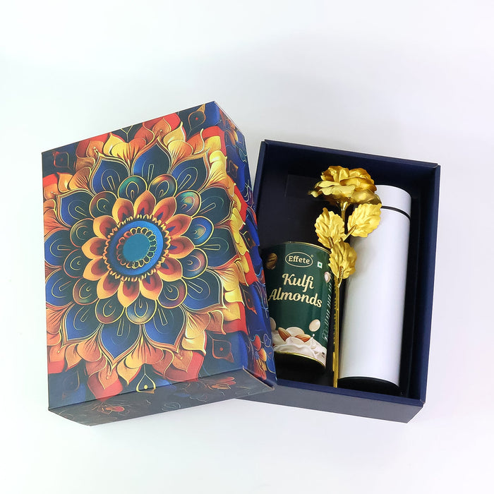 Effete Kulfi Almonds Gift Hamper, Golden Rose With Bottle (3 Pc Set), Mix Color by Your Brand