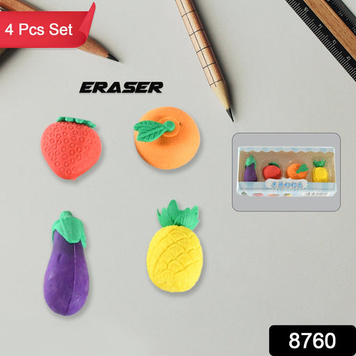 Mini Cute Veg & Fruit Erasers – 3D Colorful Eraser Set for Kids (4 Pc) by Your Brand