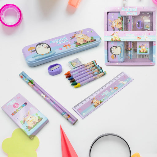 Stationery Kit for Kids - Metal Pencil Box, Sharpener, Pencil & Eraser (12 Pc Set) by Your Brand