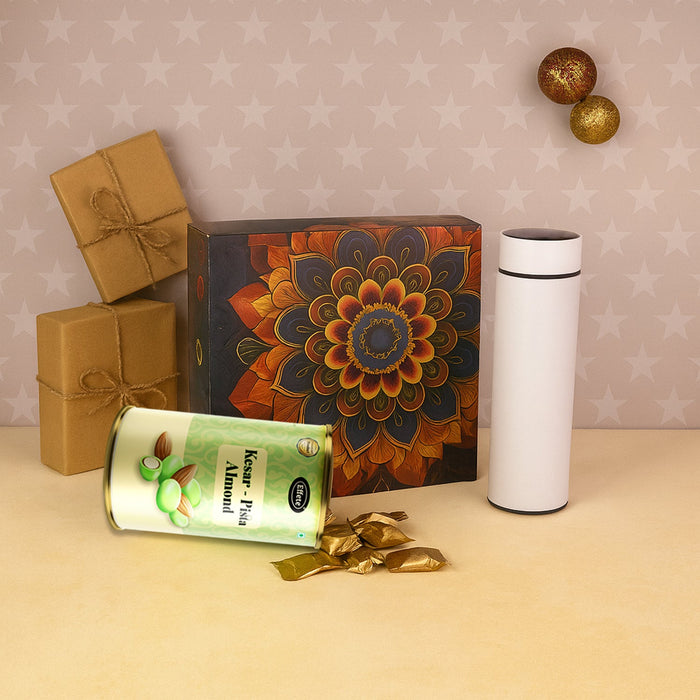 Effete Kesar Pista Almonds Gift Hamper, Golden With Bottle (2 Pc Set), Mix Color by Your Brand