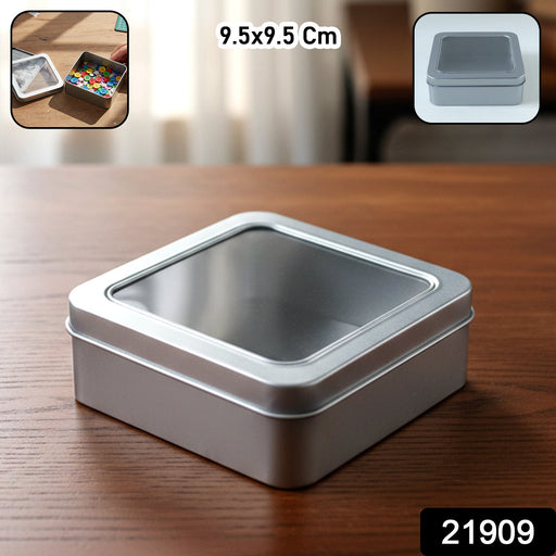 Square Metal Storage Tin Box with Transparent Window Lid (1 Pc, 9.5 x 9.5 Cm) by Your Brand