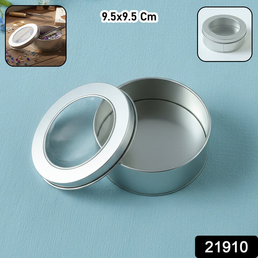 Round Metal Storage Tin Box with Transparent Window Lid (1 Pc, 9.5 x 9.5 Cm) by Your Brand