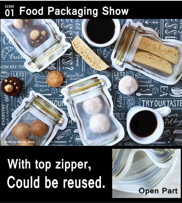 Detailed view of a 150ml airtight food storage jar with zipper.