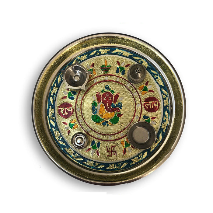 Stainless Steel Pooja Thali with Golden Chain, Diamond, Pearl & Fancy Stones by Your Brand