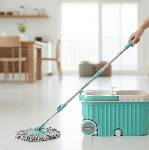 Spin Mop with Bigger Wheels and Plastic Auto Fold Handle for 360 Degree Cleaning by Your Brand