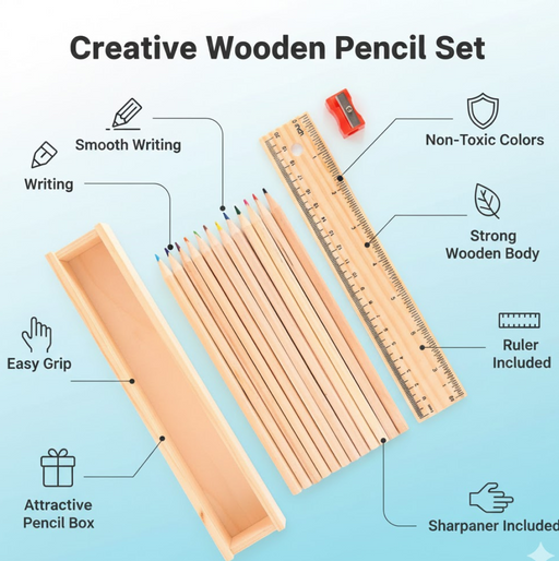 Colorful Wooden Pencil Set with Pencil box, Ruler, Sharpener (12 Pcs Set) by Your Brand