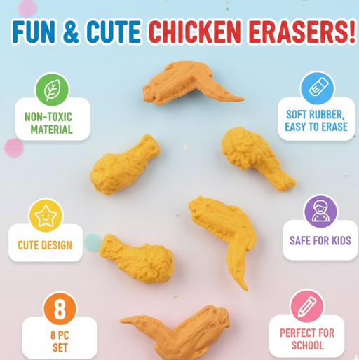 Cute Chicken Wing & Leg Erasers for Kids & Students (8 Pc Set) by Your Brand