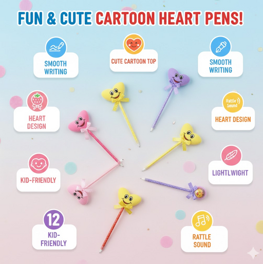 Cute Cartoon Shape & Heart Design Facy Writting Pen Attached Rattle | Ball Pen Smooth Writing For Wedding , Events & Multiuse Pen Best Pen l Use for Kids (12 Pcs Set Mix Design & Color) by Your Brand
