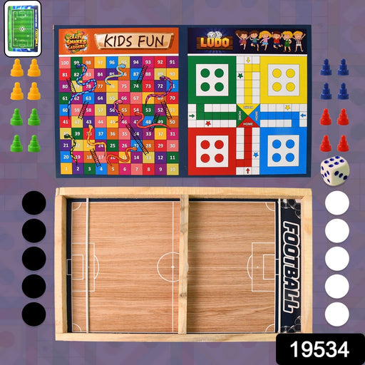 Wooden Board Game Set – Ludo, Snakes & Ladders, and Desktop Football (3-in-1) by Your Brand