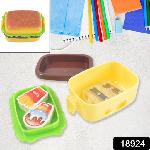 Plastic Burger Shape Small Size Double Hole Sharpener With Eraser (1 Set) by Your Brand