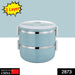 Stainless steel lunch box with two layers for hot food.