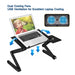 Foldable laptop holder with cooling fans, adjustable design, ideal for home or office use.