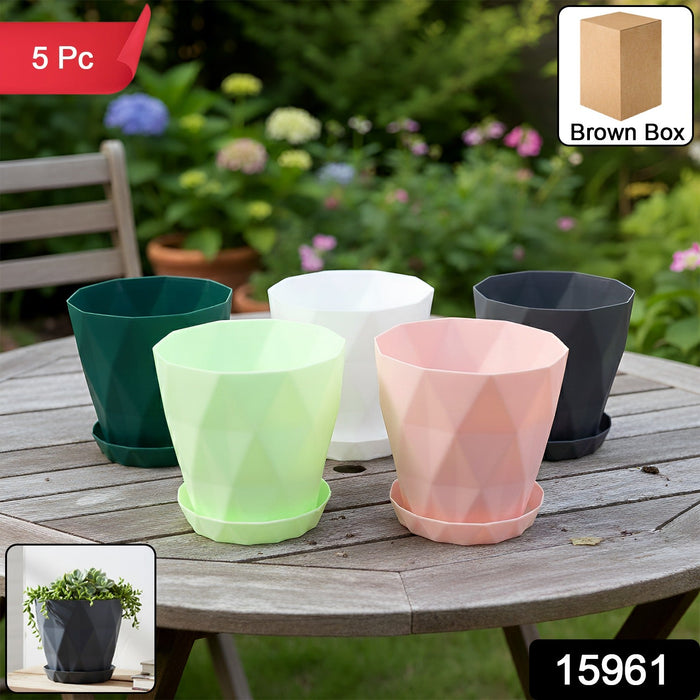 Diamond Design Plastic Flower Pot Set with Drain Tray (5 Pc) by Your Brand