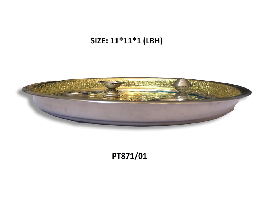 Stainless Steel Pooja Thali with Golden Chain, Diamond, Pearl & Fancy Stones by Your Brand