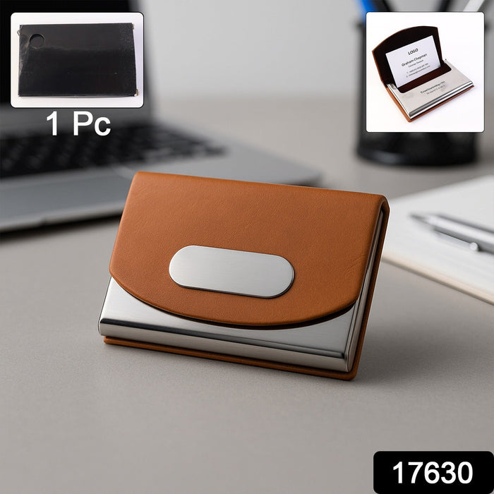 Leather & Stainless-Steel Business Card Holder (1 Pc) by Your Brand