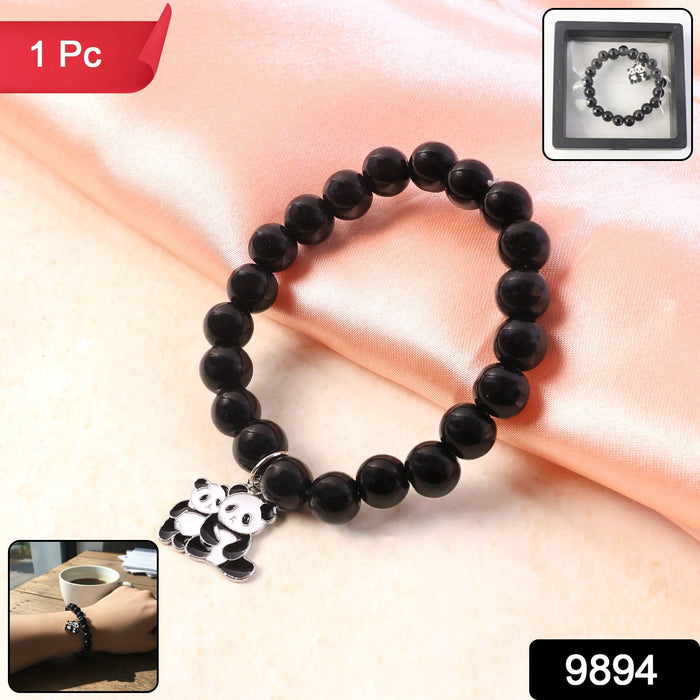 Premium Black Beaded Stretch Bracelet with Cute Panda Charm (1 Pc) by Your Brand