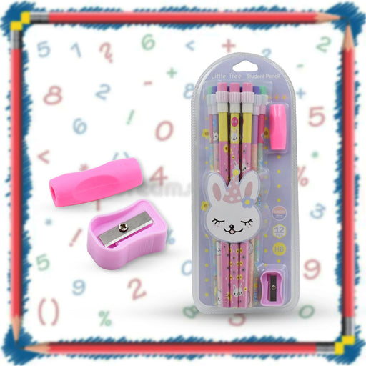 Cute Rabbit Bear Drawing Graphite Writing Pencil Set with Pencil Sharpener & Eraser, Pencil and Eraser Set with Eraser for Kids, for Girls, Fancy School Stationary, Birthday Party Return Gift (14 Pc Set) by Your Brand