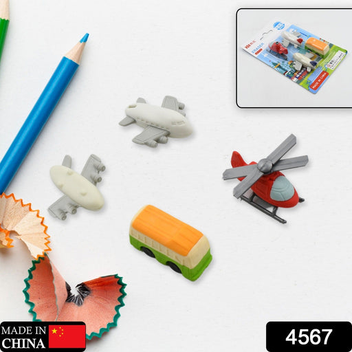 Vehicle Pattern Eraser School Stationery Use Eraser (4 Pc Set) by Your Brand