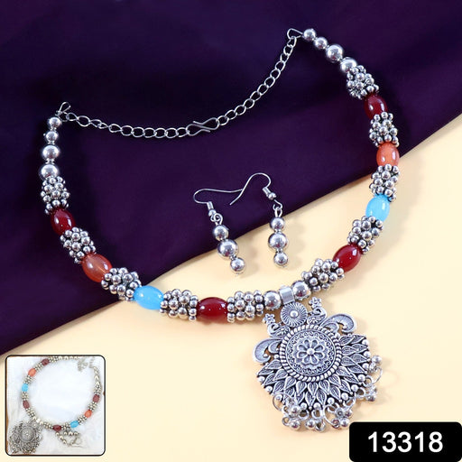 Oxidised Silver Traditional Beaded Necklace Set by Your Brand