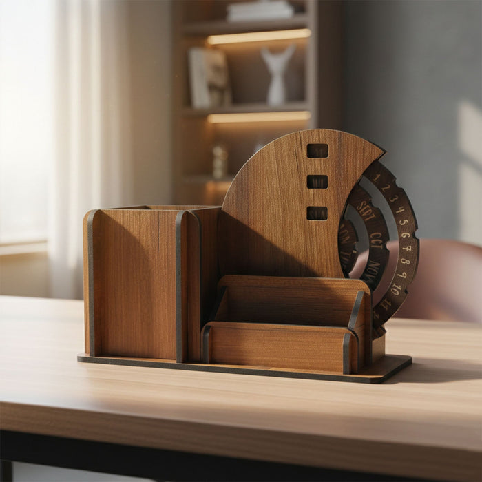 Wooden Desk Organizer Pen Stand With Rotating Calendar Wheel (1 Pc) by Your Brand
