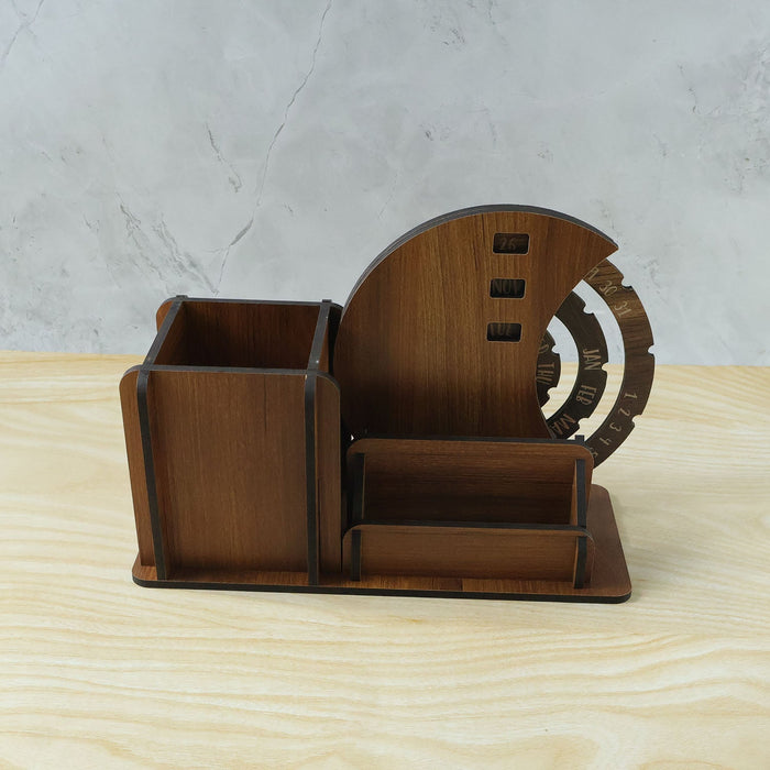 Wooden Desk Organizer Pen Stand With Rotating Calendar Wheel (1 Pc) by Your Brand