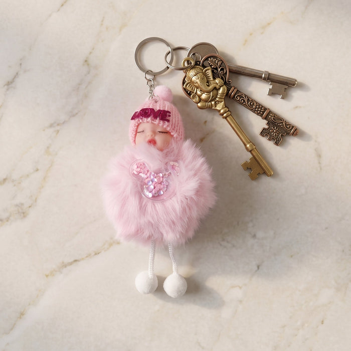 Cute Doll Plush Keychain with Soft Fur Ball (1 Pc) by Your Brand