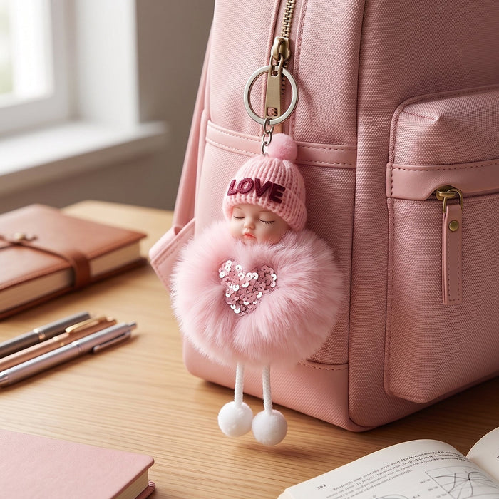 Cute Doll Plush Keychain with Soft Fur Ball (1 Pc) by Your Brand