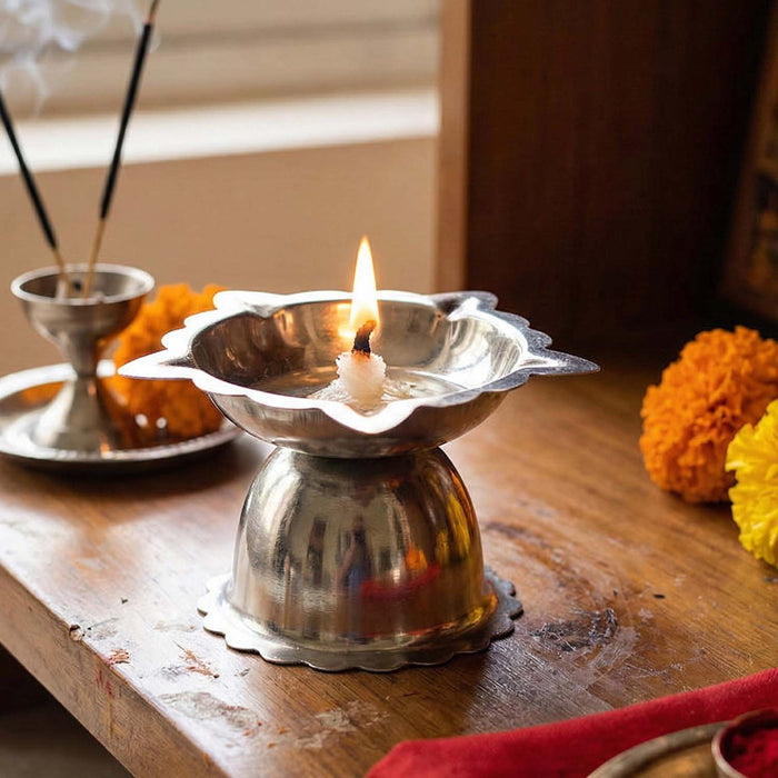 Stainless Steel Sunflower Design Diya Stand (Small Size / 1 Pc) by Your Brand