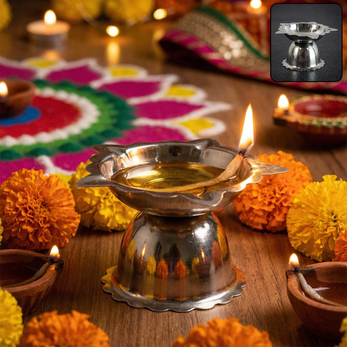 Stainless Steel Sunflower Design Diya Stand (Small Size / 1 Pc) by Your Brand